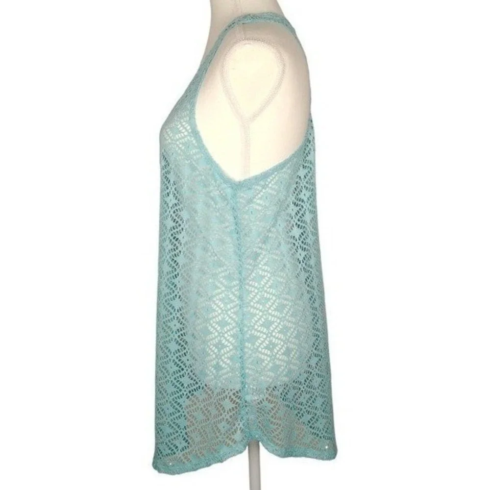MIKEN Swim Aqua‎ Blue Crochet Racerback Swim Cover Up Tank Top Women M